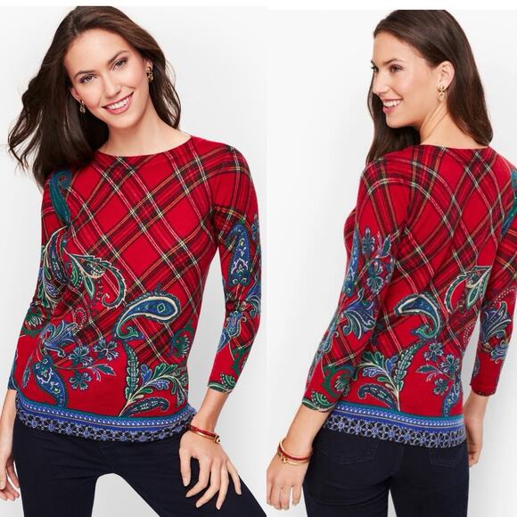 Talbots Sweaters - Talbots Merino Wool Sweater Sz SmallRed Plaid Paisley Holiday Christmas Preppy
